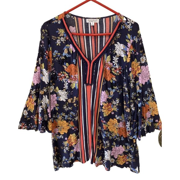 Studio Woman Size 1X Colorful Peasant Bohemian Boho Blouse Tunic Top Floral Blue - Picture 1 of 6